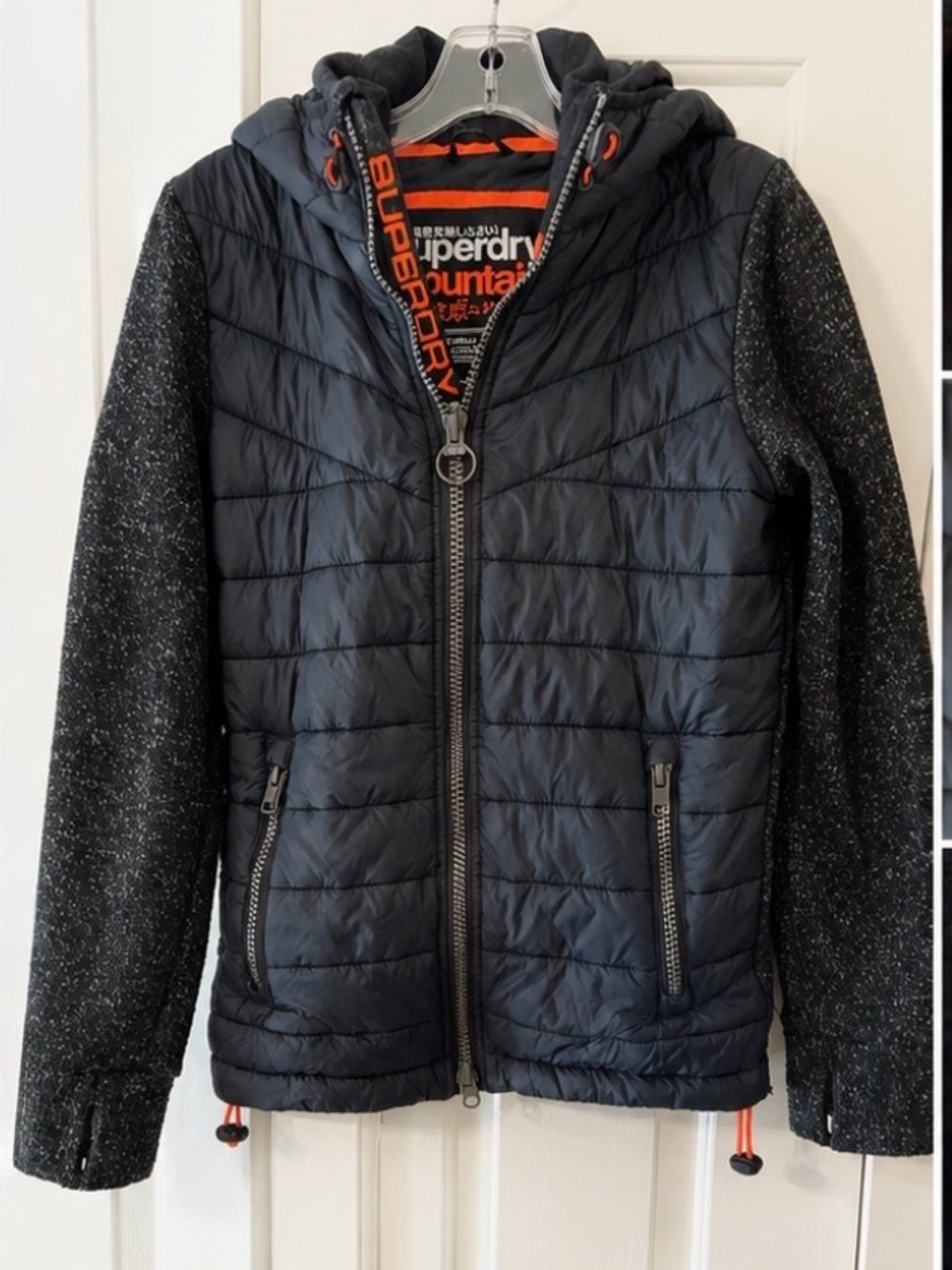 Superdry Quilted Hooded Jacket in Black with Heathered Sleeves